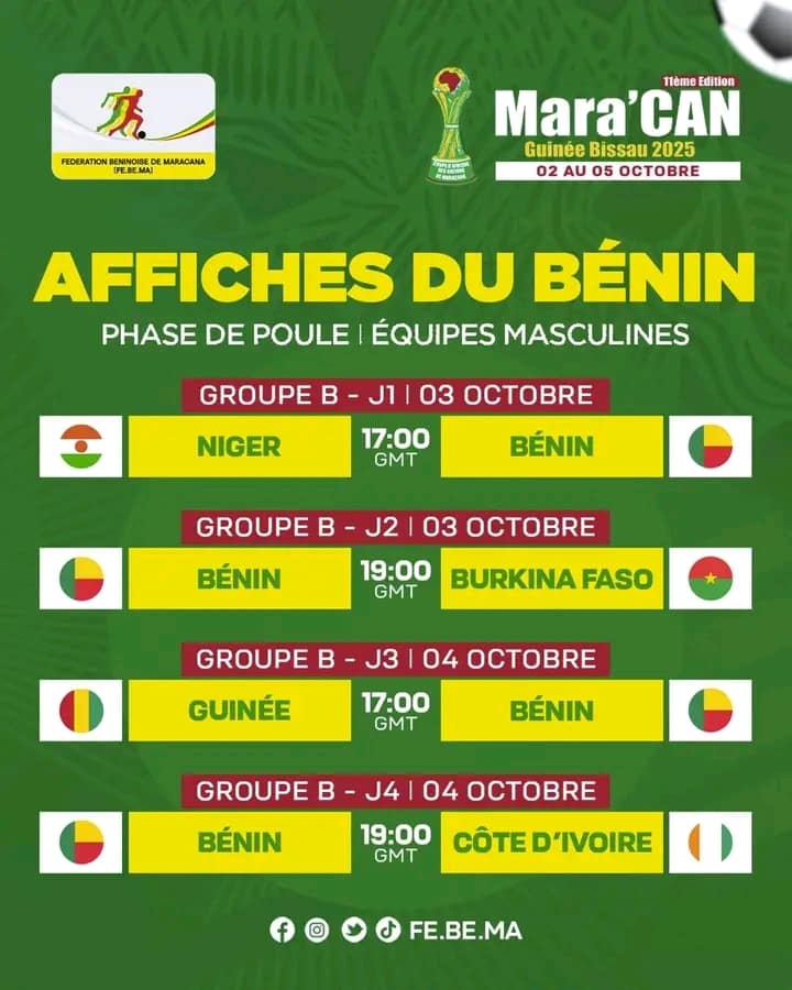 Mara’Can Bissau 2025 : le Bénin connaît ses adversaires, le calendrier des rencontres